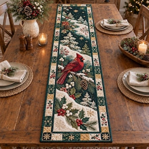 Puede incluir: Un camino de mesa acolchado rectangular con un diseño central de un pájaro cardenal rojo posado en una rama de pino nevada, rodeado de hojas de acebo, bayas rojas, piñas y árboles de hoja perenne sobre un fondo verde oscuro y crema.