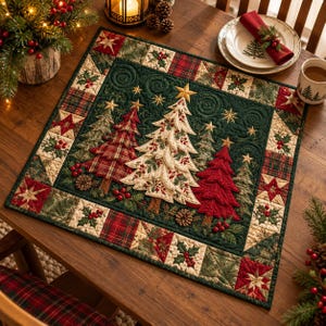 Gequilte tafelkleed met kerstboommotief, feestelijk tafelstuk