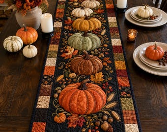Quilted Pumpkin Table Runner, Autumn Fall Thanksgiving Harvest Decor