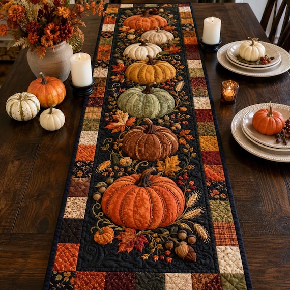 Quilted Pumpkin Table Runner, Autumn Fall Thanksgiving Harvest Decor