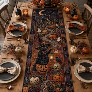 May include: A rectangular table runner featuring a Halloween-themed illustration of a black cat wearing a witch hat, sitting on a pumpkin and holding a lantern, surrounded by pumpkins, ghosts, a stone path, and a house under a crescent moon.