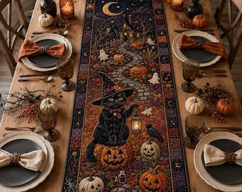 Halloween Black Cat Table Runner, Witchy Pumpkin Quilted Table Decor