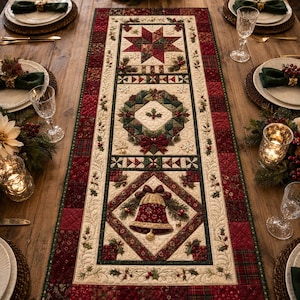 May include: A rectangular quilted table runner featuring a patchwork border in shades of red and green. The center panel displays a star, a wreath, and a bell motif with holly accents, all set against a cream background with intricate stitching.