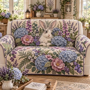 May include: A quilted sofa cover featuring a central rabbit surrounded by blue hydrangeas, purple peonies, foxgloves, and green ferns. The fabric displays a detailed botanical print with a hummingbird on the right arm and a moth on the left arm.
