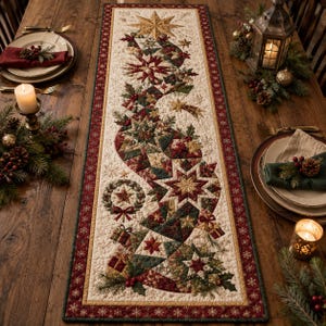 May include: A rectangular quilted table runner featuring a festive holiday pattern with stars, holly, and gift boxes in shades of red, green, and gold. The runner has a cream-colored center with a dark red border decorated with white snowflakes.