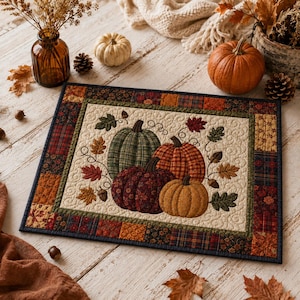 Pode incluir: Um lugar americano retangular de tecido com um painel central creme apresentando um padrão acolchoado de quatro abóboras em verde, laranja, vermelho escuro e dourado, rodeado por uma borda de quadrados de patchwork com estampas outonais.