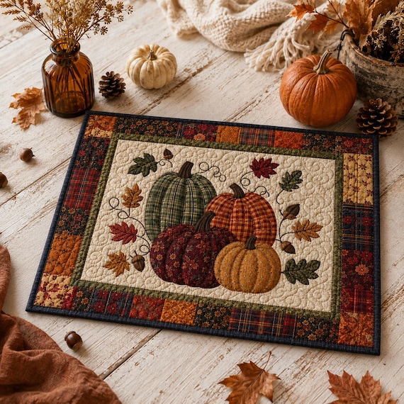 Quilted Pumpkin Fall Placemat, Rustic Patchwork Harvest Thanksgiving Table Mat Decor