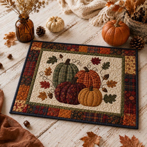 Quilted Pumpkin Fall Placemat, Rustic Patchwork Harvest Thanksgiving Table Mat Decor