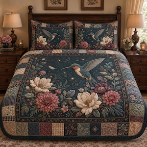 May include: A dark blue quilt and two matching pillow shams featuring a central hummingbird in flight surrounded by large white and pink floral blossoms. The bedding set includes a patchwork border with various muted patterns and textured fabric.
