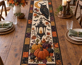 Halloween Owl Lantern Quilted Table Runner, Spooky Fall Dining Decor