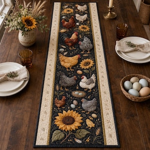 May include: A rectangular table runner featuring a black central panel with a repeating pattern of chickens, roosters, sunflowers, and eggs. The runner has a cream-colored border with a subtle leaf print and a dark trim along the edges.