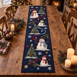 Tischläufer mit blauem Schneemann-Motiv, gesteppt, für die Weihnachtszeit