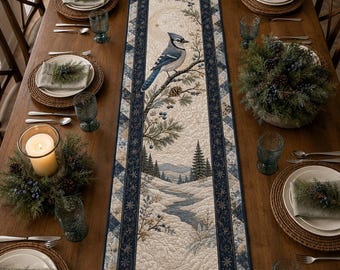 Quilted Blue Jay Table Runner, Winter Landscape Decor