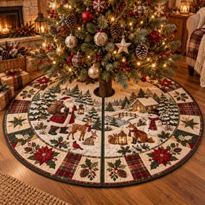 May include: A round quilted Christmas tree skirt featuring a festive winter scene with Santa Claus, a deer, a rabbit, a fox, a squirrel, and a snowman. The border displays poinsettias, pinecones, and plaid patterns in red, green, and cream colors.