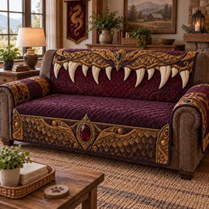 May include: A sofa cover featuring a deep burgundy quilted fabric with a gold dragon scale border. The top section displays a row of large, off-white pointed teeth, while the front panel is accented with a prominent, faceted red gemstone.