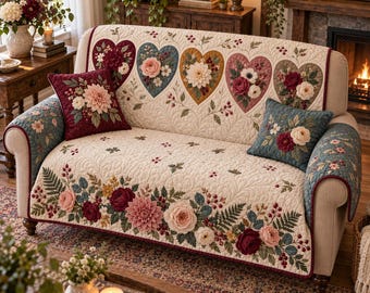Quilted Sofa Cover, Floral Hearts Cottagecore Slipcover