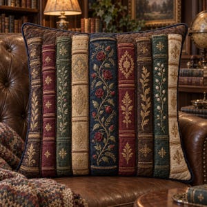 Puede incluir: Un cojín cuadrado con un diseño acolchado de lomos de libros verticales en tonos burdeos, verde bosque, crema y azul marino. La tela presenta intrincados bordados de enredaderas florales, flores de lis y patrones de damasco ornamentados.