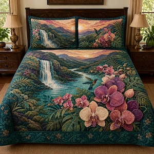 May include: A quilt and two matching pillow shams featuring a printed landscape scene of a waterfall, a river, and mountains at sunset. The design includes vibrant purple and cream orchids, lush green tropical foliage, and a flying hummingbird.