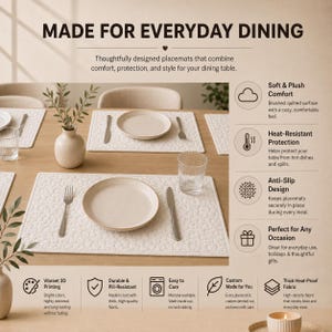May include: A set of rectangular white quilted placemats with a textured surface, each featuring a plate, fork, and knife. The image includes text: MADE FOR EVERYDAY DINING, Soft & Plush Comfort, Heat-Resistant Protection, Anti-Slip Design, and more.