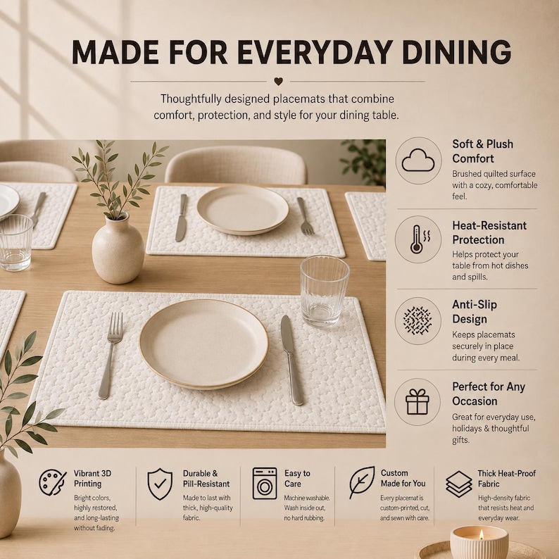 May include: A set of rectangular white quilted placemats with a textured surface, each featuring a plate, fork, and knife. The image includes text: MADE FOR EVERYDAY DINING, Soft & Plush Comfort, Heat-Resistant Protection, Anti-Slip Design, and more.