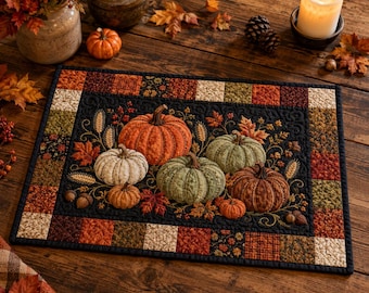 May include: A rectangular quilted placemat featuring a central black panel with an embroidered arrangement of pumpkins, wheat stalks, and autumn leaves. The border consists of a patchwork of squares in shades of orange, brown, and green.
