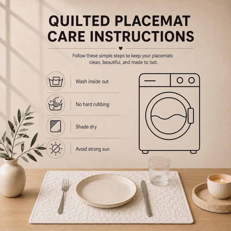 May include: A rectangular white quilted placemat with a subtle textured pattern, displayed on a wooden surface with a plate, fork, knife, glass, and candle. Above, text reads: QUILTED PLACEMAT CARE INSTRUCTIONS, with icons for washing, drying, and sun.