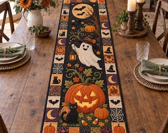 Quilted-Style Halloween Table Runner, Ghost Pumpkin Fall Dining Decor