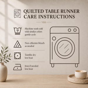 May include: A graphic display titled QUILTED TABLE RUNNER CARE INSTRUCTIONS featuring icons for a washing machine, water temperature, bleach, tumble dry, and iron. Text includes machine wash cold, non-chlorine bleach, tumble dry low, and iron low.