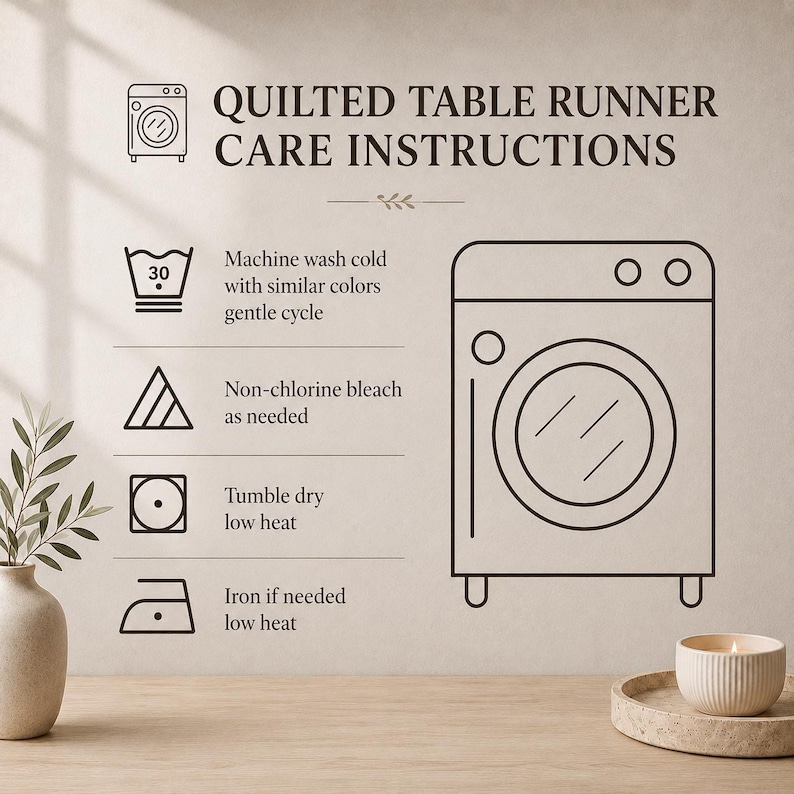 May include: A graphic display titled QUILTED TABLE RUNNER CARE INSTRUCTIONS featuring icons for a washing machine, water temperature, bleach, tumble dry, and iron. Text includes machine wash cold, non-chlorine bleach, tumble dry low, and iron low.