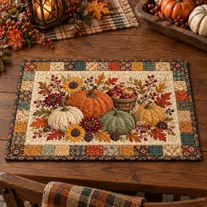May include: A rectangular quilted placemat featuring a central harvest scene with orange, white, and green pumpkins, a basket of red apples, sunflowers, and autumn leaves. The border consists of a patchwork pattern of small floral and geometric squares.