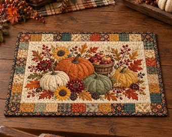 Mantel individual acolchado de cosecha otoñal, mantel individual de mesa de comedor con diseño de retazos de calabazas otoñales