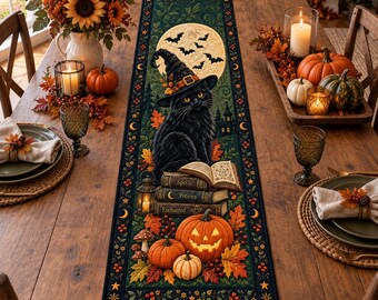 Halloween Witch Black Cat Quilted Table Runner, Spooky Dining Decor