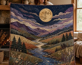 Manta acolchada de montaña, manta decorativa con paisaje de río y luna llena para cabaña