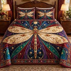 May include: A quilted bedspread and two matching pillow shams featuring a large, central dragonfly design. The pattern incorporates deep shades of burgundy, teal, and gold, with intricate jewel-toned accents and star-like motifs throughout.