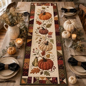 May include: A rectangular quilted table runner featuring a central cream-colored panel with an embroidered vine pattern of pumpkins, gourds, and autumn leaves, bordered by a patchwork design of dark floral and geometric fabric squares.