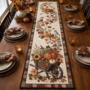 May include: A rectangular quilted table runner featuring an autumn-themed print with a wooden wheelbarrow filled with pumpkins, sunflowers, and apples, accented by colourful fall leaves, birds, and a winding vine pattern on a cream background.
