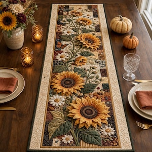 May include: A rectangular quilted table runner featuring a central vertical pattern of large yellow sunflowers, white daisies, and green leaves on a patchwork background of brown, tan, and cream squares, accented with a small orange butterfly.