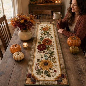 May include: A rectangular quilted table runner featuring a central cream-colored panel decorated with embroidered autumn flowers, including large sunflowers, dahlias, and green leaves, framed by a brown and tan checkered border with corner accents.