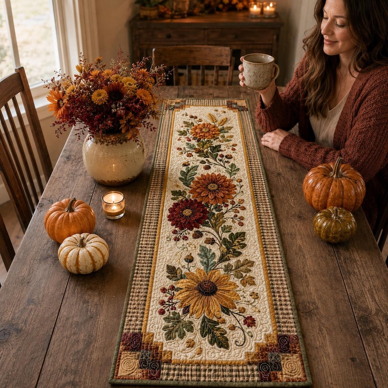 May include: A rectangular quilted table runner featuring a central cream-colored panel decorated with embroidered autumn flowers, including large sunflowers, dahlias, and green leaves, framed by a brown and tan checkered border with corner accents.