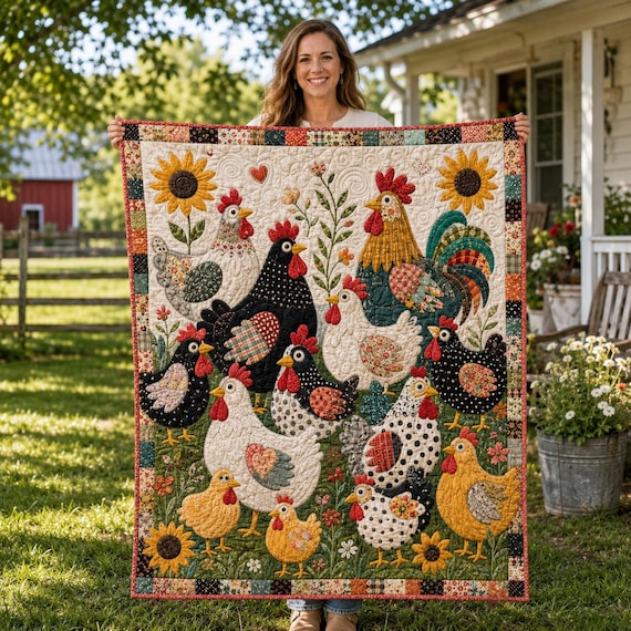 Quilted Chicken Blanket, Farmhouse Rooster Quilt