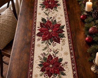Quilted Poinsettia Table Runner, Christmas Table Decor