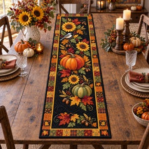 May include: A rectangular table runner featuring a black centre panel with a vibrant autumn print of orange and green pumpkins, yellow sunflowers, red and orange maple leaves, acorns, and a small bird, bordered by a colourful patchwork pattern.
