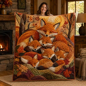 Könnte beinhalten: Ein rechteckiger Quilt mit einer detaillierten, gesteppten Illustration einer schlafenden Fuchsfamilie aus fünf Tieren, die eng beieinander liegen. Das Design verwendet warme Herbstfarben wie Orange, Braun und Gold mit Ahornblättern.