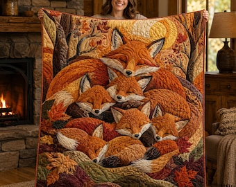 Puede incluir: Una colcha rectangular que presenta una ilustración acolchada detallada de una familia de cinco zorros durmiendo acurrucados. El diseño incorpora colores otoñales cálidos, incluyendo tonos naranja, marrón y dorado, con hojas de arce.