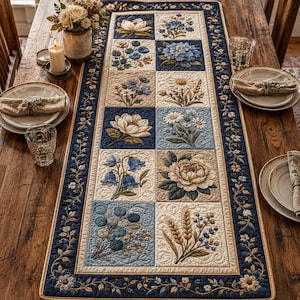May include: A rectangular quilted table runner featuring a grid of squares with embroidered floral and botanical motifs in shades of blue, cream, and tan. The border is dark blue with a continuous vine pattern and small flower accents.