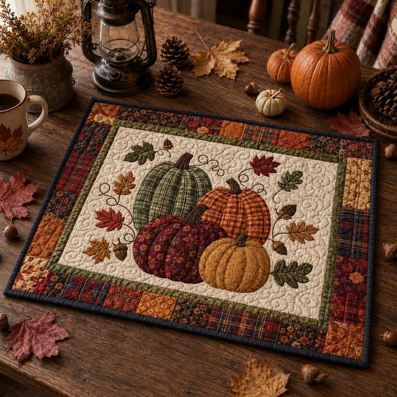 May include: A rectangular fabric placemat featuring a central cream-colored panel with a quilted pattern of four pumpkins in green, orange, burgundy, and yellow, surrounded by embroidered leaves and acorns, with a patchwork border of autumn colors.