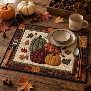 May include: A rectangular quilted placemat featuring a central panel with four fabric pumpkins in green, orange, dark red, and yellow, surrounded by a border of patchwork squares in autumn colors, with a fork, spoon, and bowl placed on top.