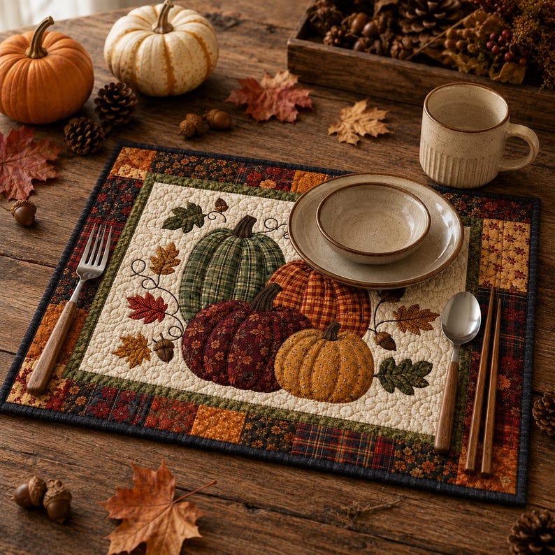 May include: A rectangular quilted placemat featuring a central panel with four fabric pumpkins in green, orange, dark red, and yellow, surrounded by a border of patchwork squares in autumn colors, with a fork, spoon, and bowl placed on top.