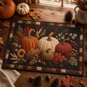 May include: A rectangular fabric placemat featuring a quilted autumn scene with four pumpkins in orange, cream, and rust colors. The design includes embroidered fall foliage, wheat stalks, sunflowers, and pinecones, framed by a multi-colored patchwork border.