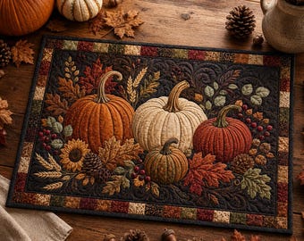 Quilted Fall Pumpkin Placemat, Autumn Harvest Thanksgiving Table Mat